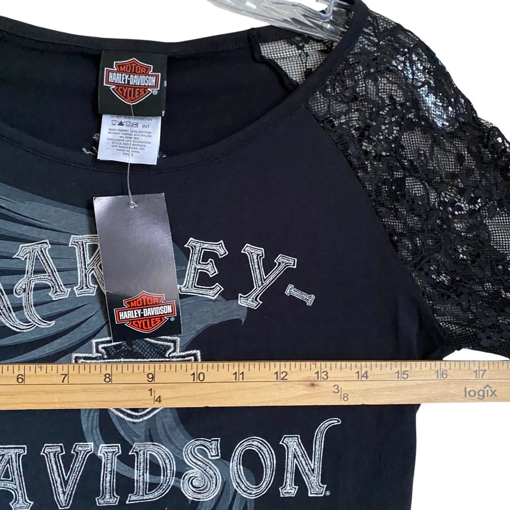 Harley-Davidson Top T-Shirt S Black Graphic Print Lace Sleeves Dark Romantic - Picture 4 of 11